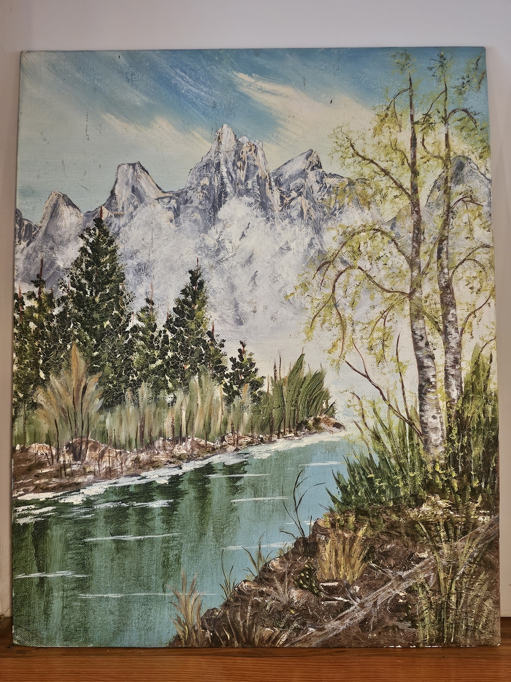 Pair Of Hand-Painted Mountain River Landscape Canvas Boards in Blue and Green